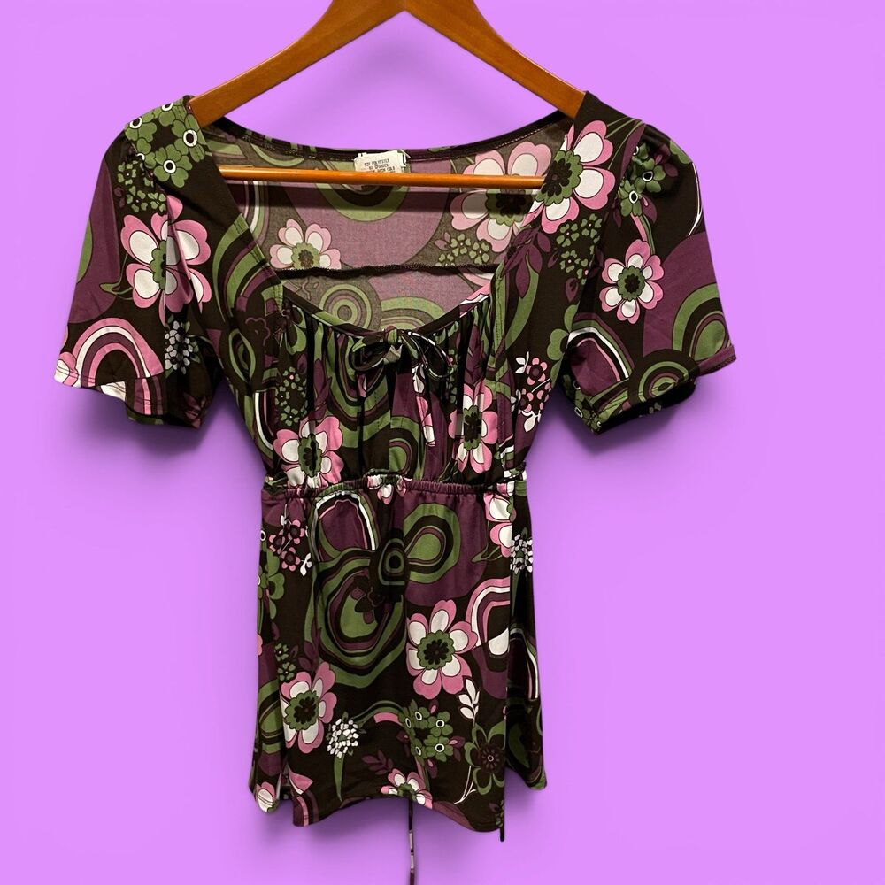 Cute Y2K olive plum fairy stretchy babydoll flowy top Studio Y flower power